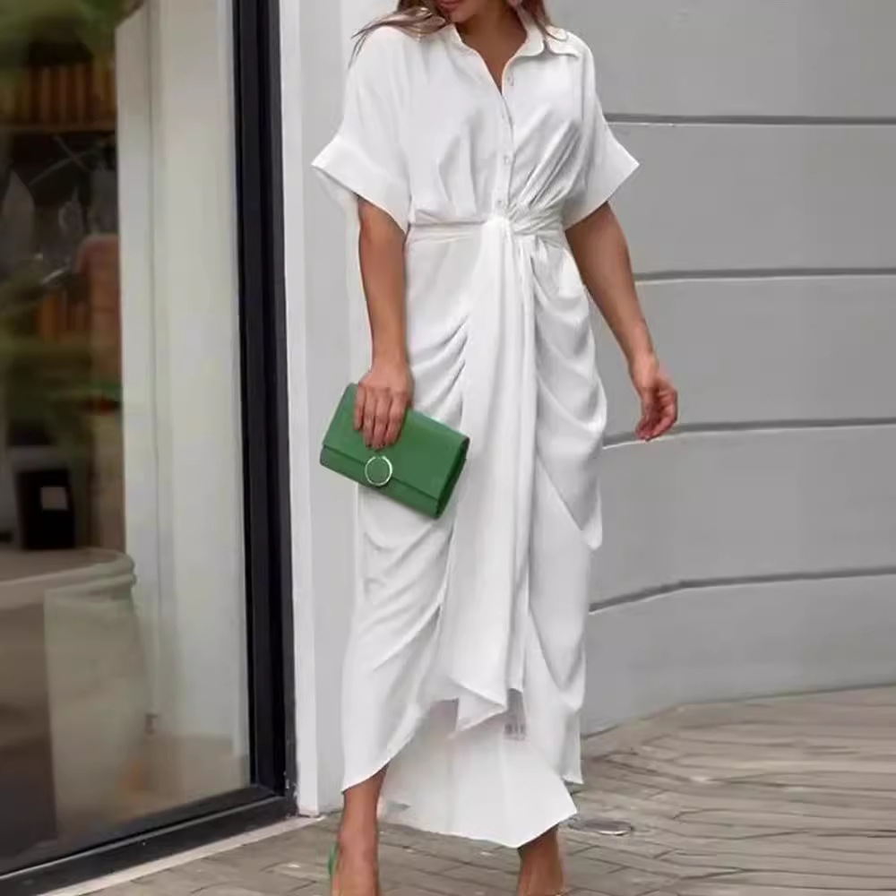 Women's Floral Print Button-Front Midi Shirt Dress Short Sleeve