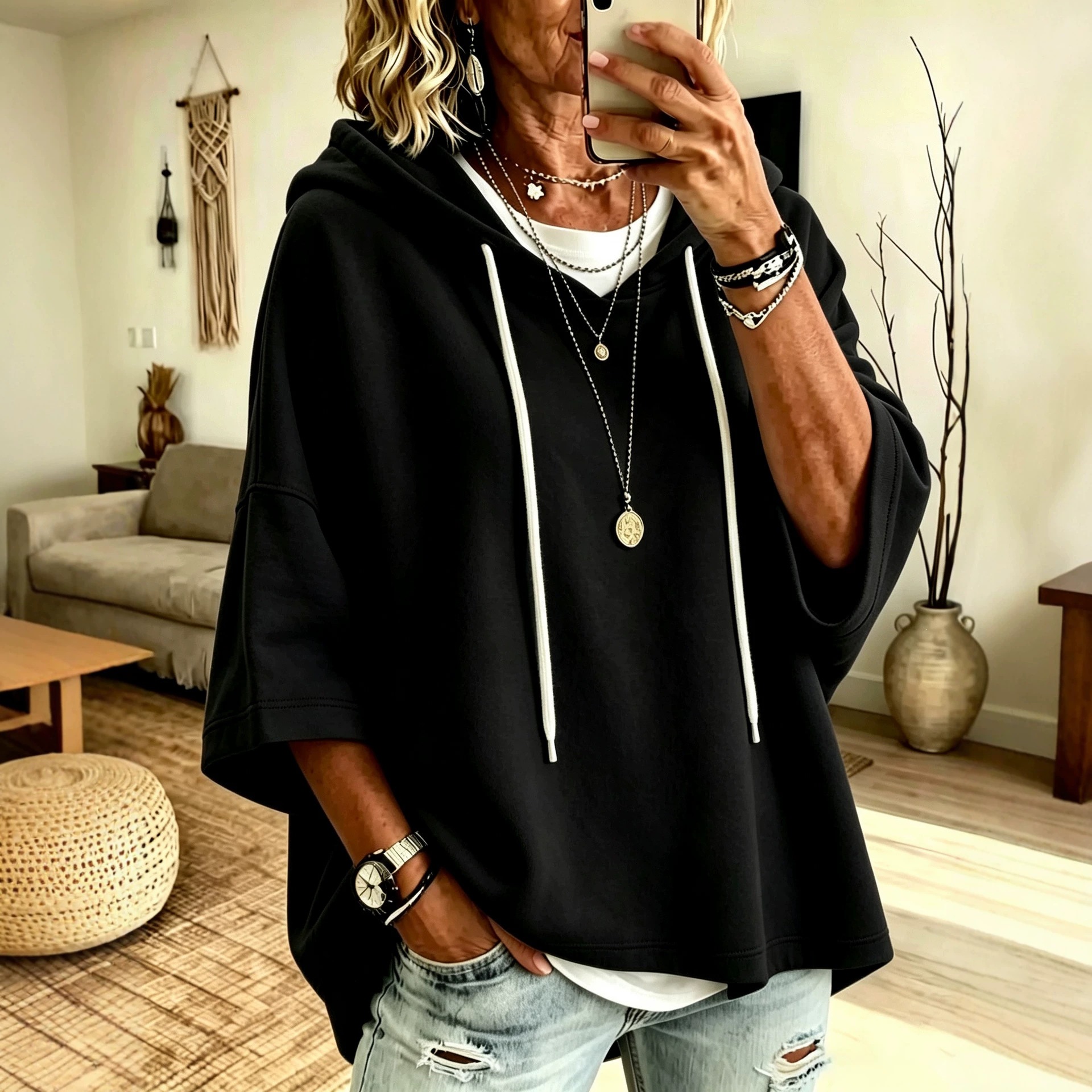 Women's 3/4 Sleeve Solid Color Casual Hooded Sweatshirt