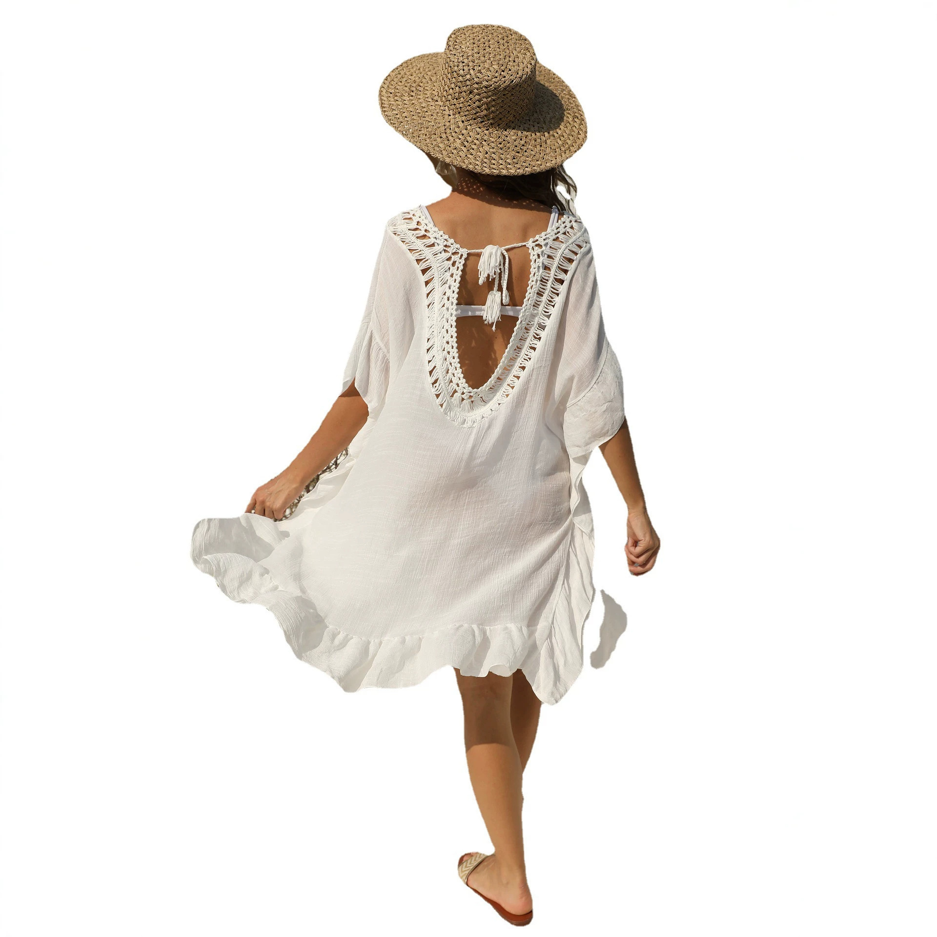 Women's Hand-Crochet Spliced Cover-Up Dress with Open Back and Ruffles