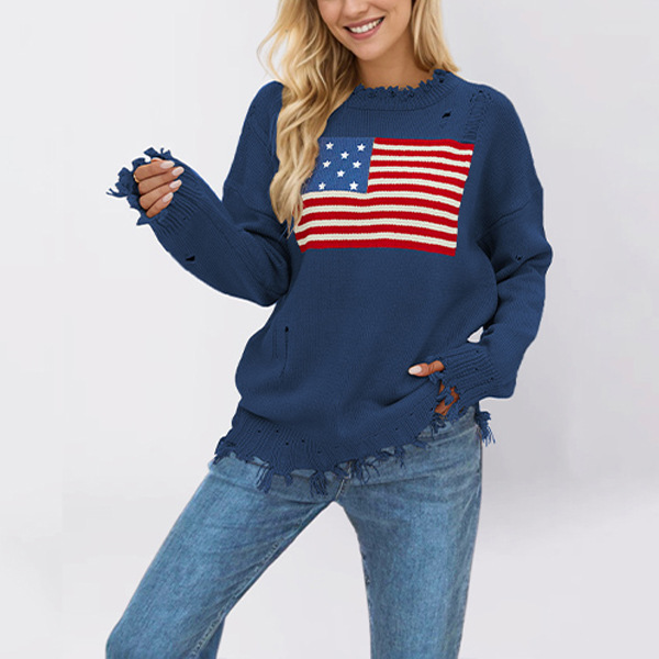 Women's Flag Pattern Crewneck Pullover Sweater