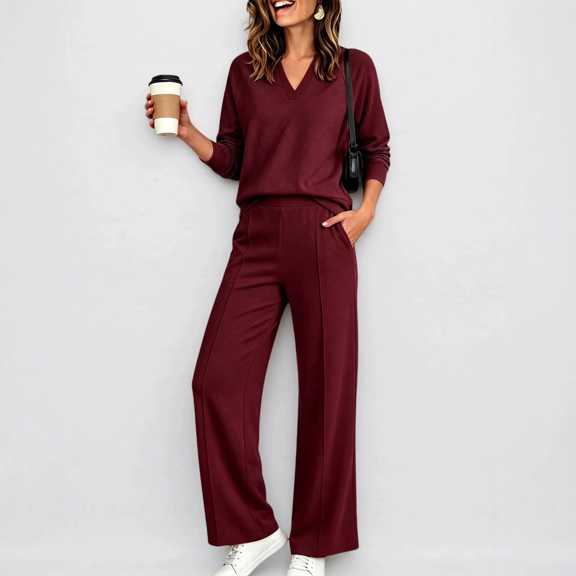 Women's Solid V-Neck Long-Sleeve Sweatshirt and Pants Set