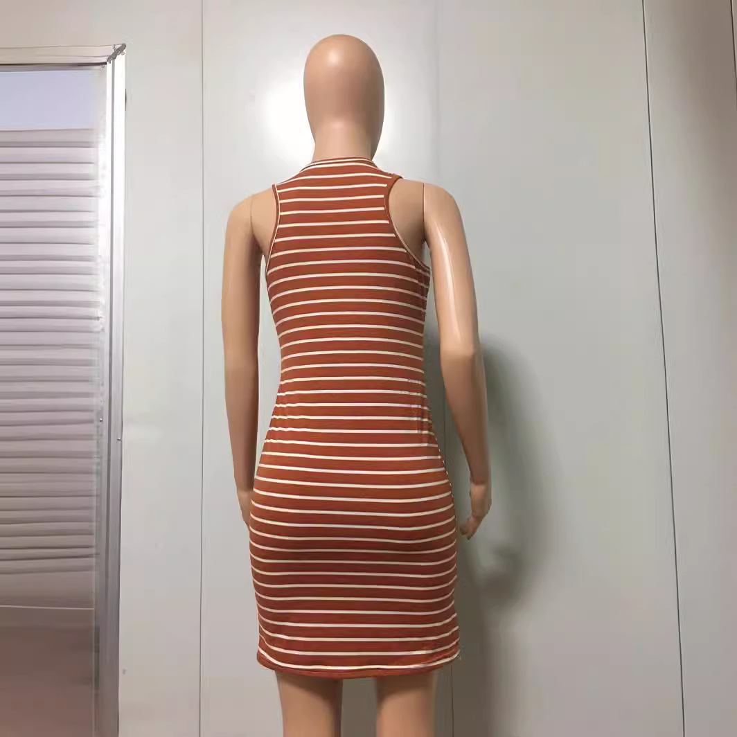 Black and White Striped Sleeveless Tank Dress Slim Fit Long
