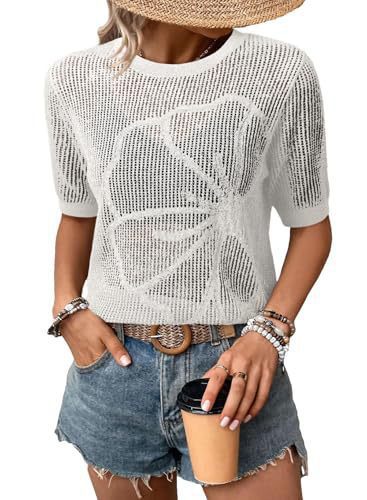 Women's Summer Round Neck Short Sleeve Openwork Floral Knit Top