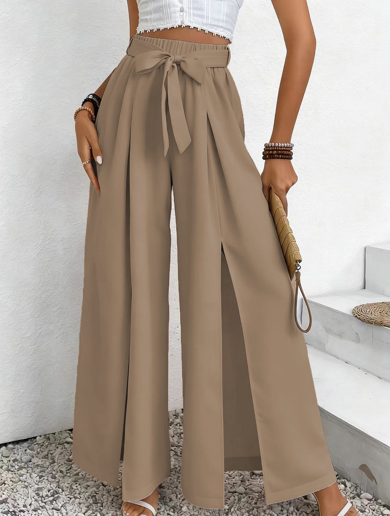Women's High-Waist Wide-Leg Pants with Tie Belt