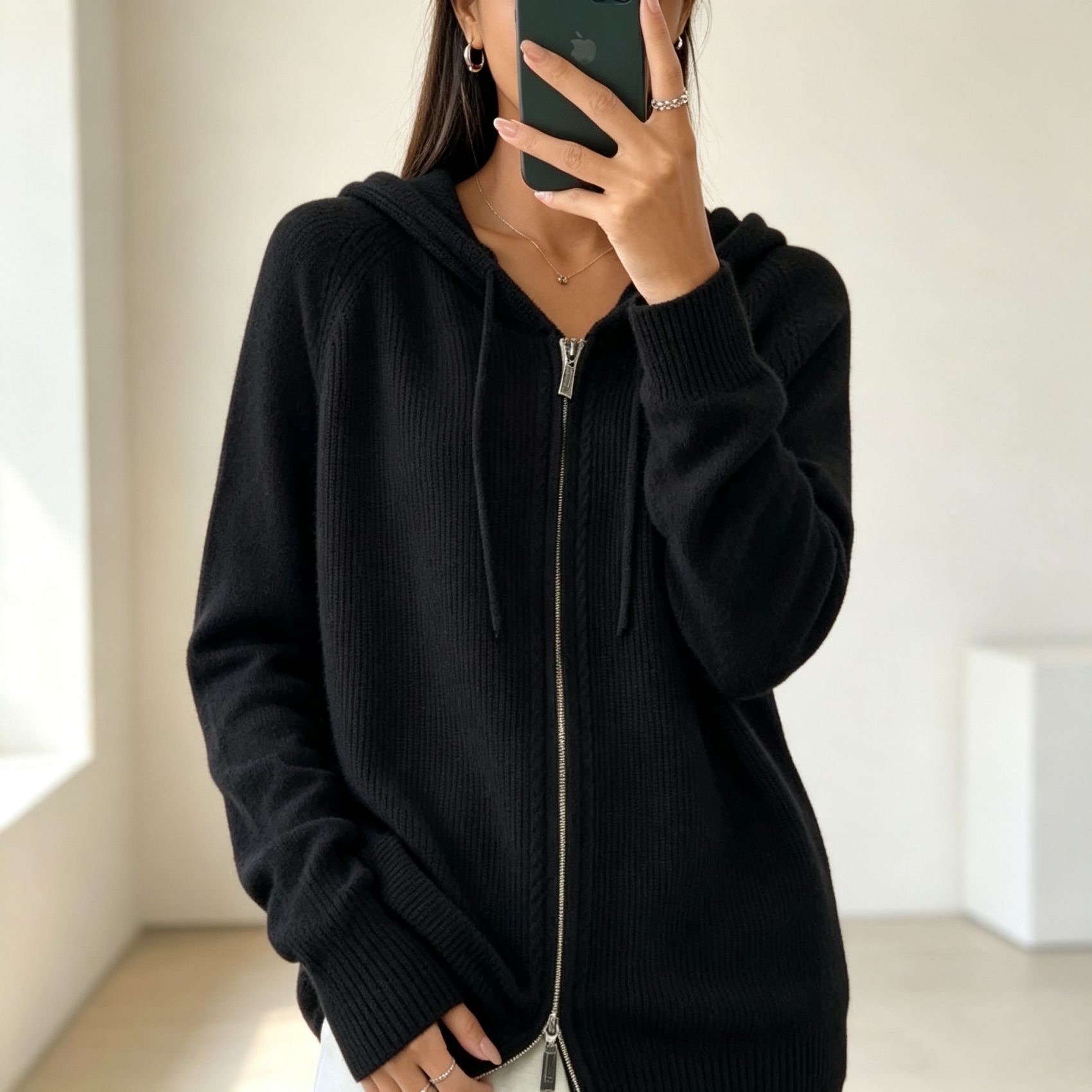 Women's Solid Hooded Faux Wool Cardigan Zip-Up Knit Sweater