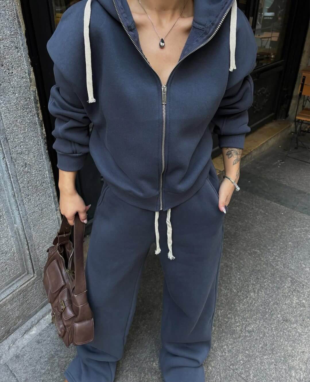 Women's Hooded Zip-Up Cardigan & Drawstring Pants Two-Piece Casual Set