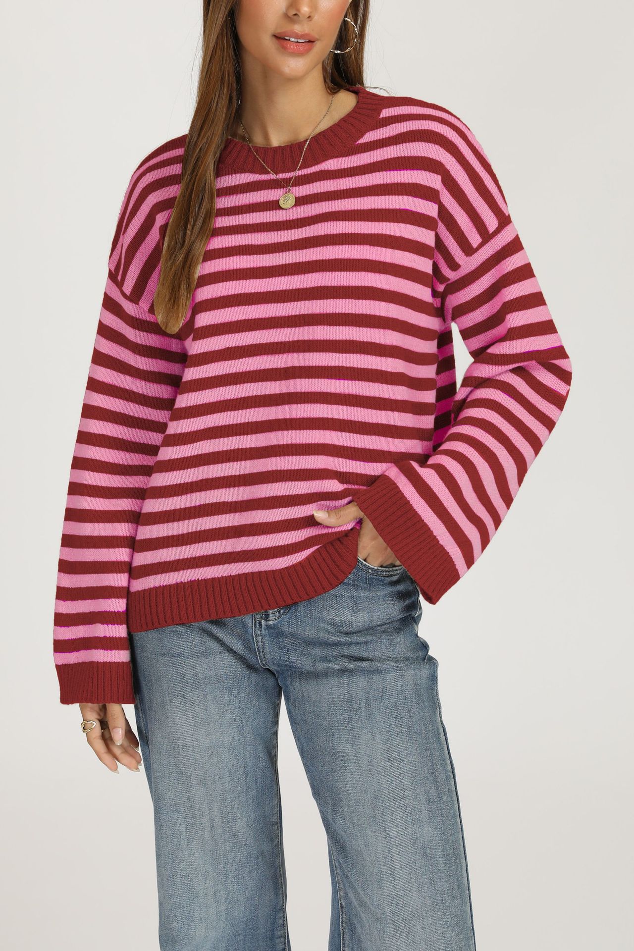 Striped Knit Pullover Sweater, Loose Fit Crew Neck Long Sleeve