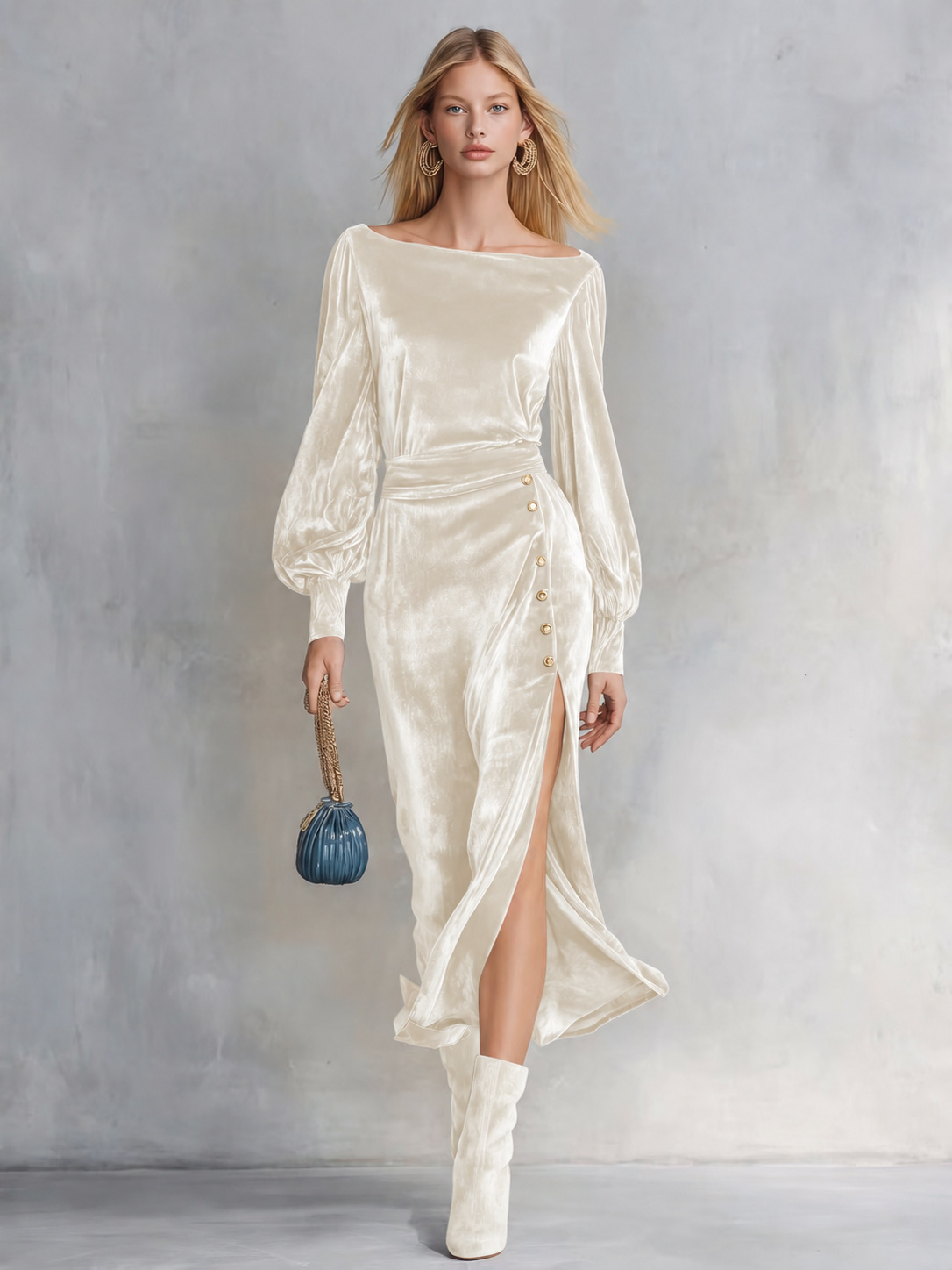 Elegant Off-Shoulder Long-Sleeve Velvet Maxi Dress with Buttons