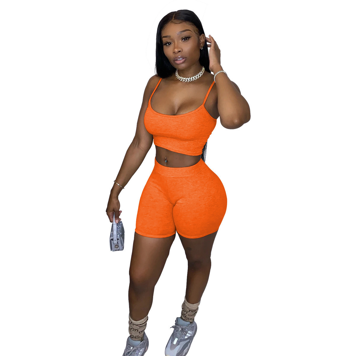 Women's Solid Color Crop Cami Top and Biker Shorts Two-Piece Set