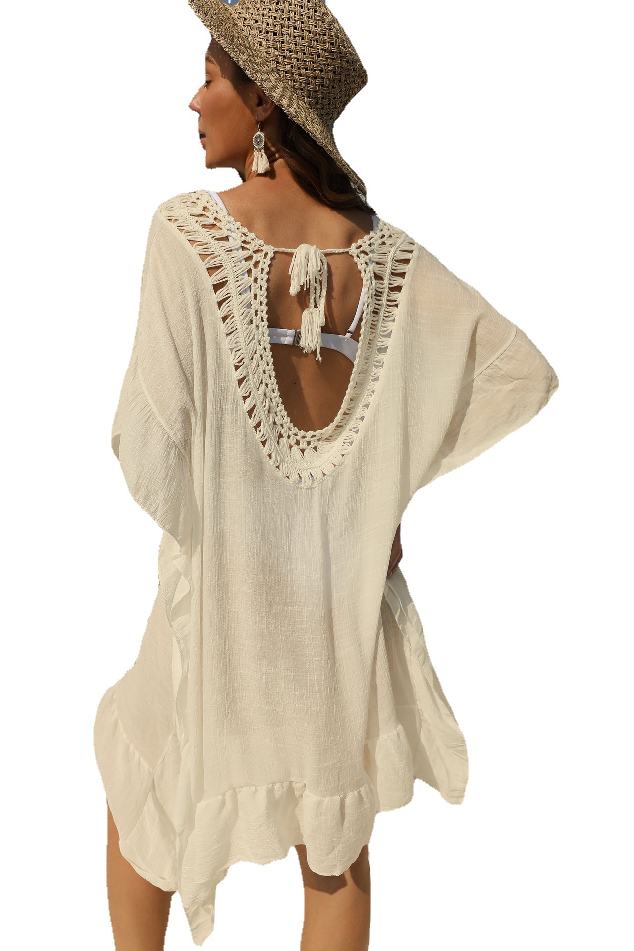 Women's Hand-Crochet Backless Tie Ruffle Beach Dress