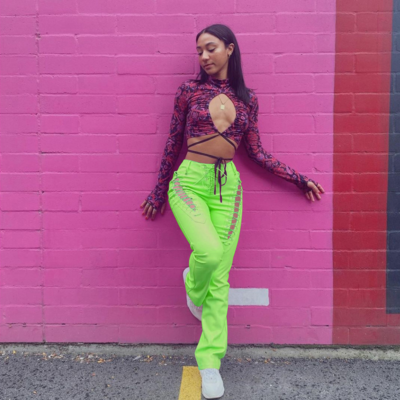 High-Waist Cutout Lace-Up Straight-Leg Slimming Faux Leather Pants