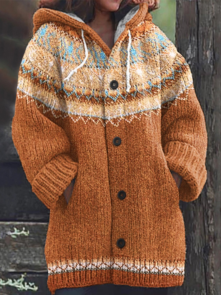 Women's Floral Leaf Print Hooded Button Cardigan Sweater