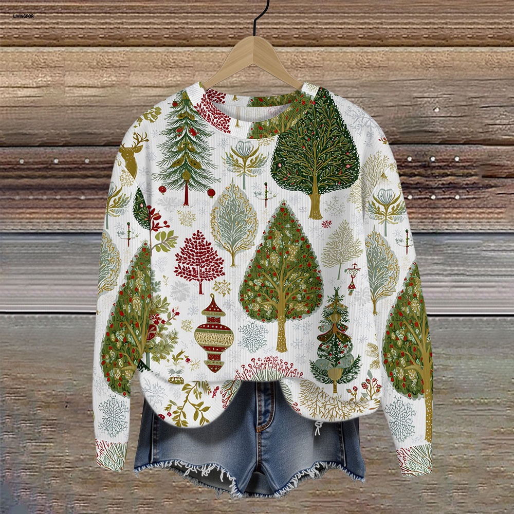 Women's Leaf Snowflake Forest Tree Print Crewneck Sweatshirt