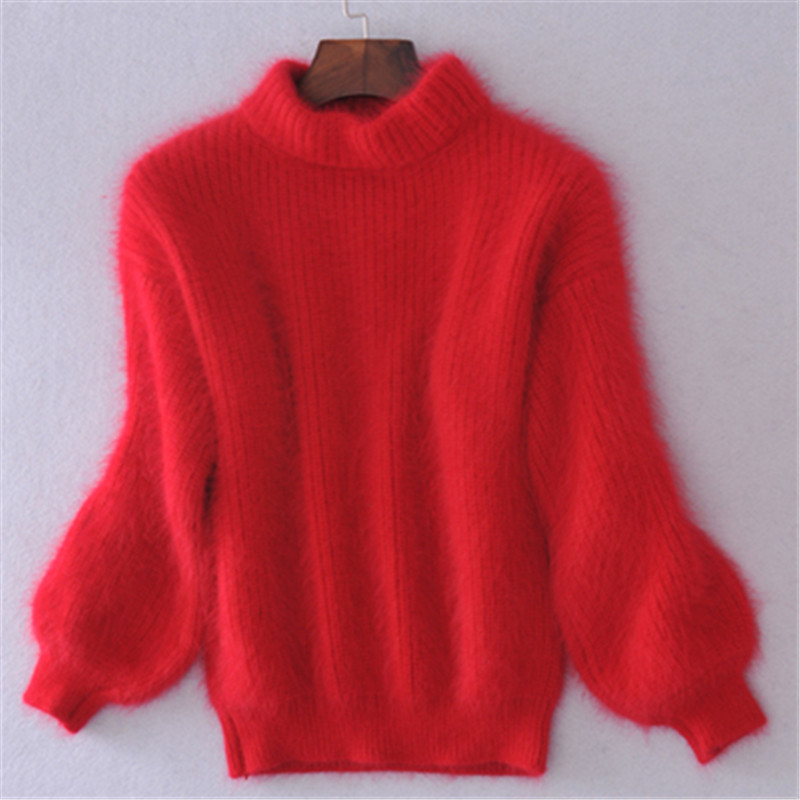 Faux Mink Half-Turtleneck Lantern-Sleeve Knit Sweater