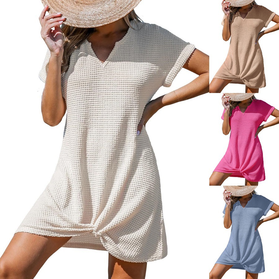 V-Neck Twist Cover-Up Dress Short Sleeve A-Line Beach Dress