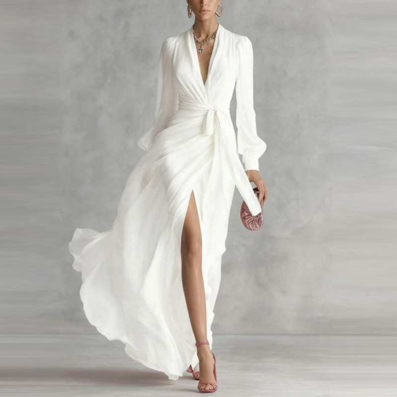 V-Neck Waist-Cinched Long Sleeve High Slit Flowy Chiffon Dress