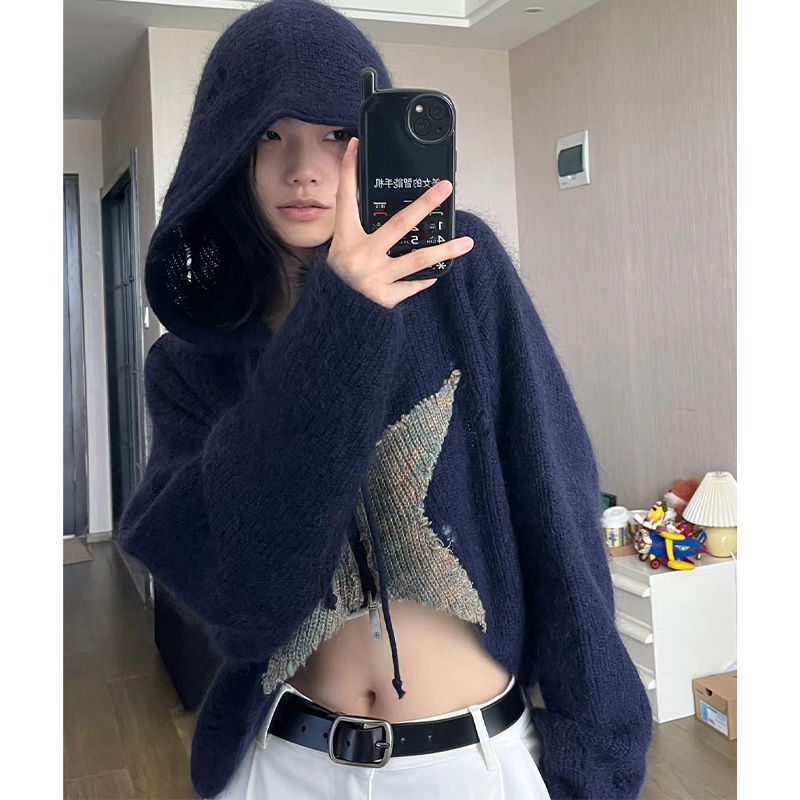 Women's Star Print Hooded Drawstring Cardigan Long Sleeve Top