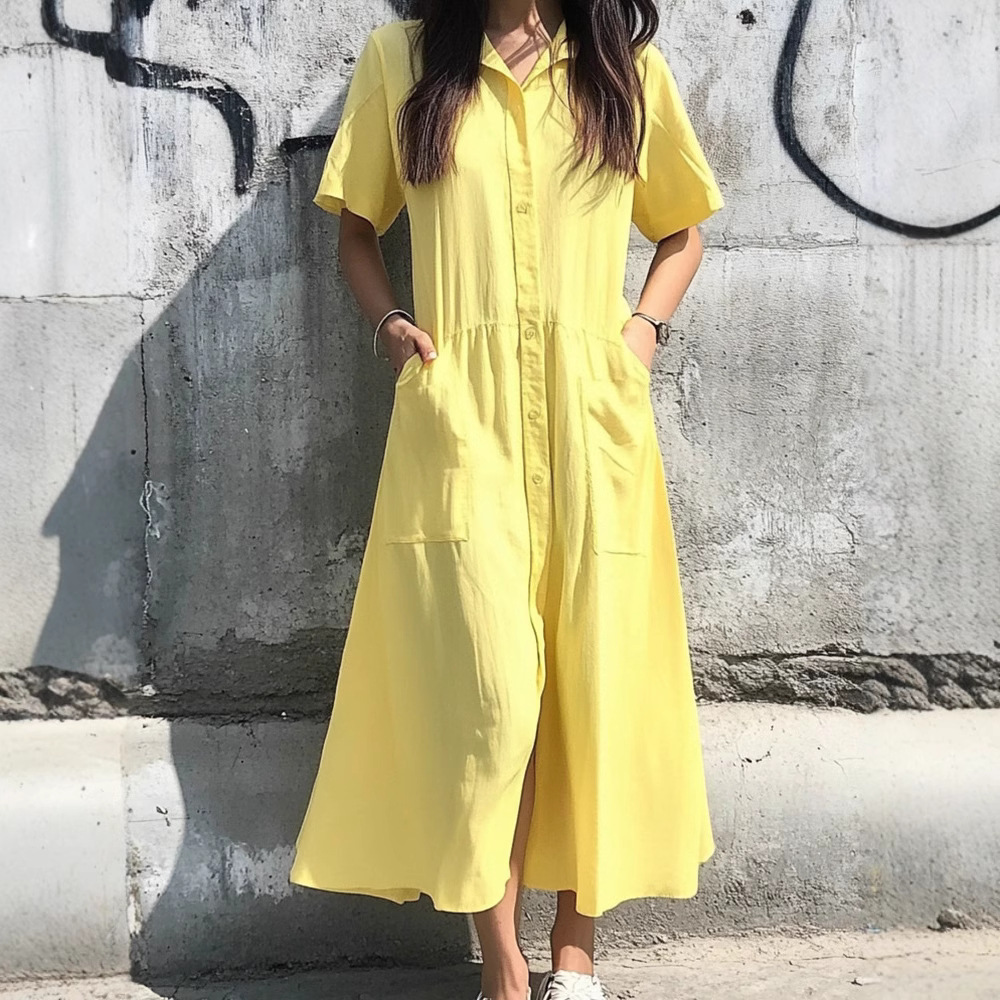 Women's Button-Front Short-Sleeve Casual Dress with Pockets