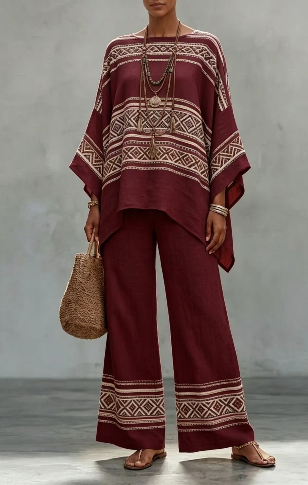 Bohemian Print Batwing Sleeve Two-Piece Set