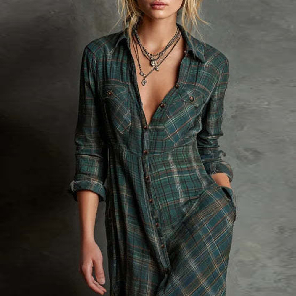 Plaid Long Sleeve A-Line Shirt Dress