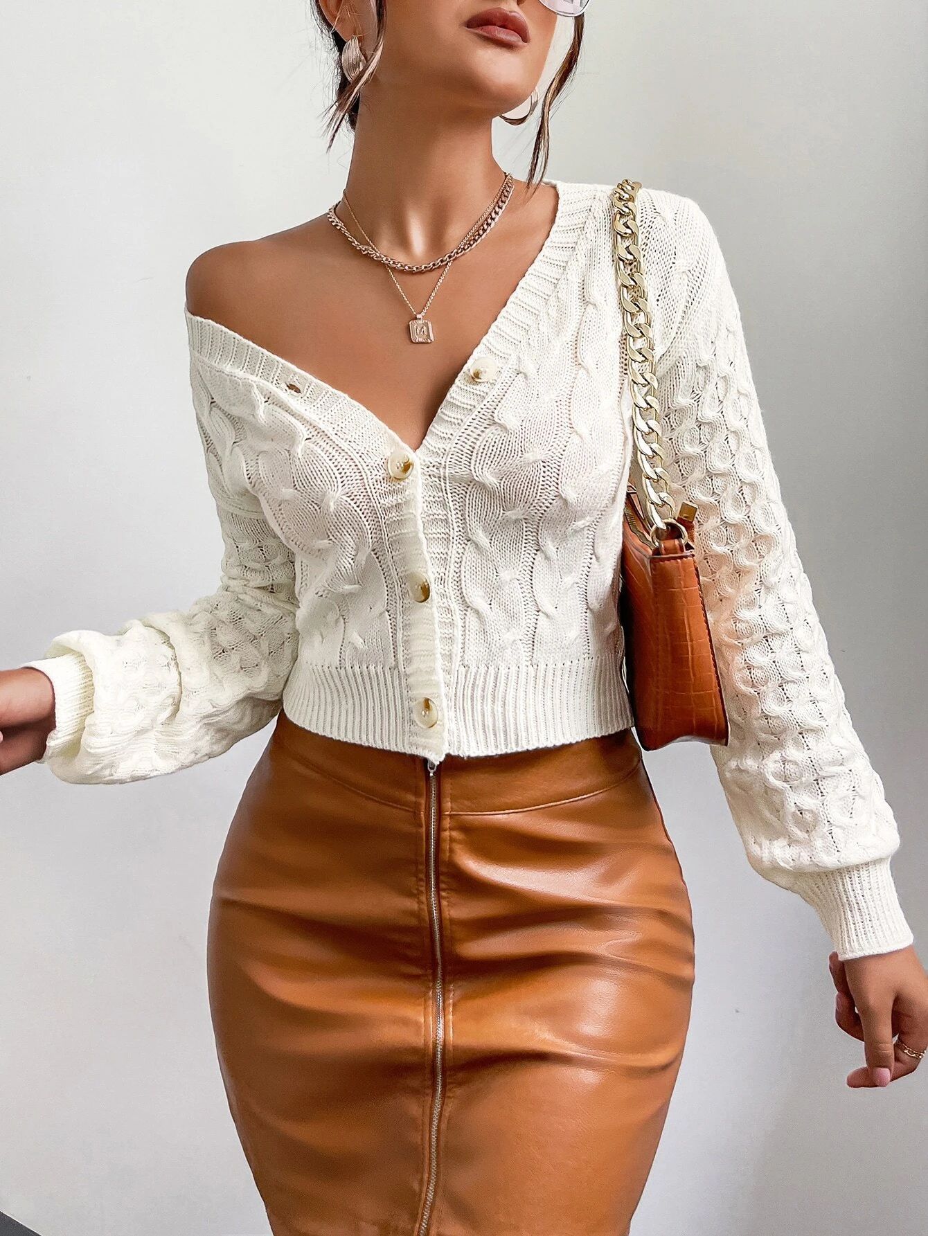 Women's Cable Knit Open Front Cardigan with Deep V-Neck and Hollow-Out Detail, Loose Fit Long Sleeve, White