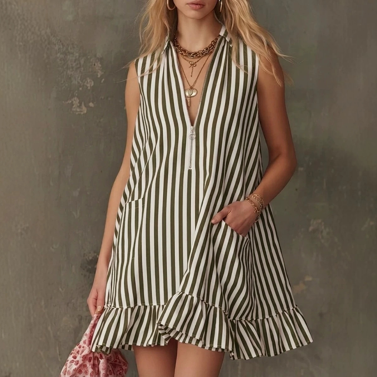 Retro V-Neck Colorblock Striped Sleeveless Ruffle Mini Dress