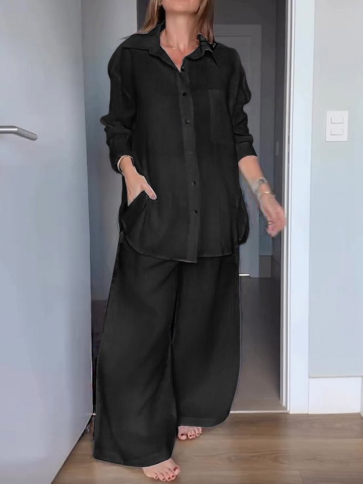 Women's Casual Linen-Blend Shirt and Pants Set with Colorblock Detail