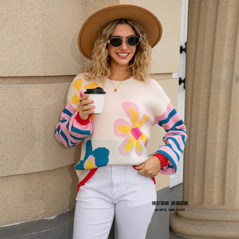 Women's Striped Floral Knit Sweater Colorblock Crew Neck Long Sleeve