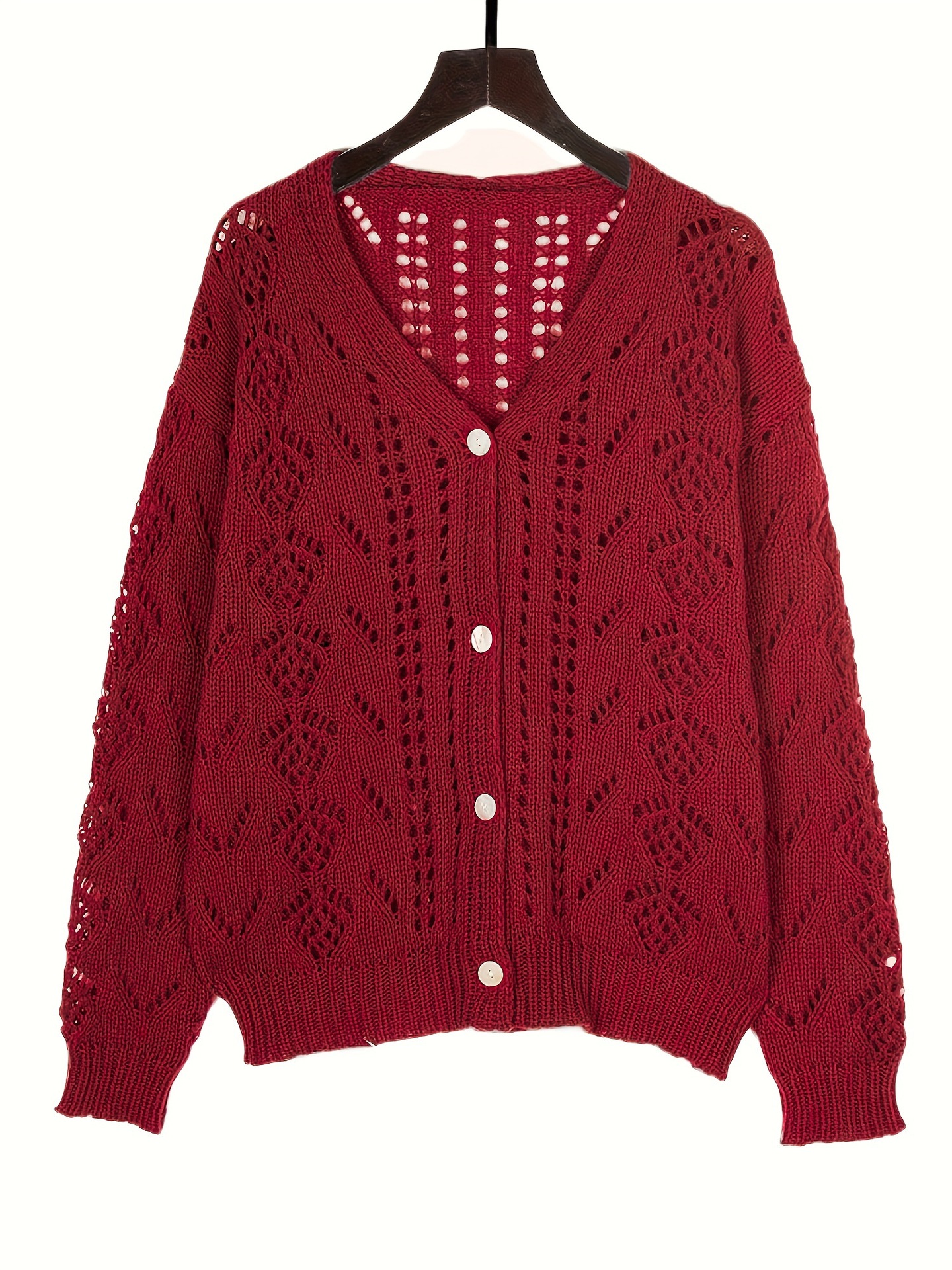 Retro Open-Knit Button-Front Cardigan V-Neck Solid Color Women's Top