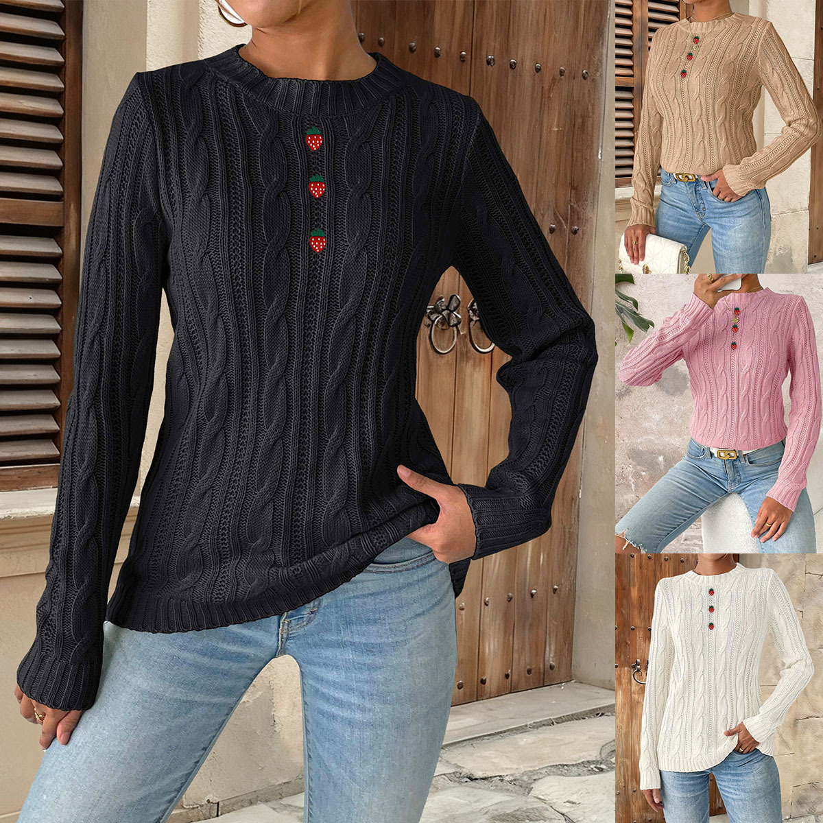 Women's Strawberry Button Crewneck Pullover Knit Sweater