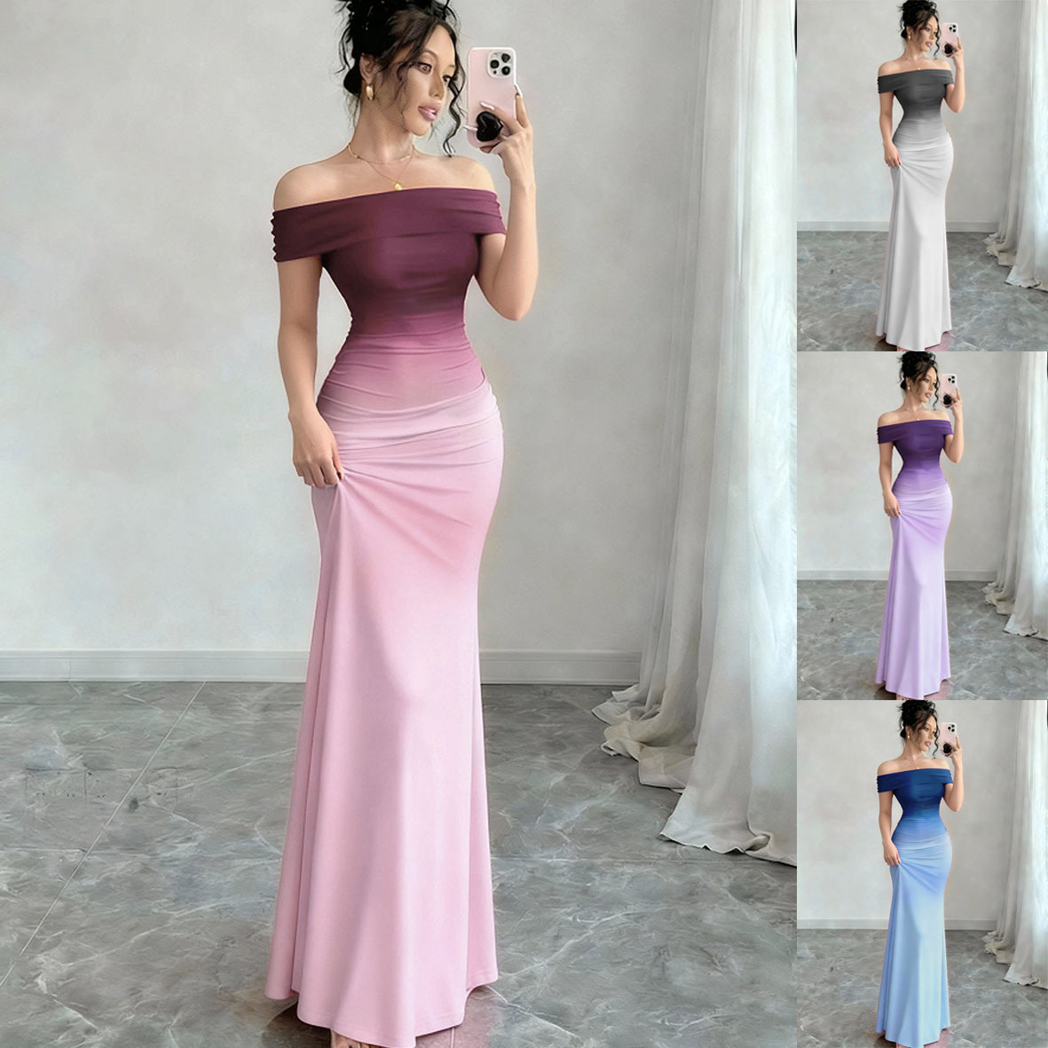Gradient Off-Shoulder Bodycon Long Dress