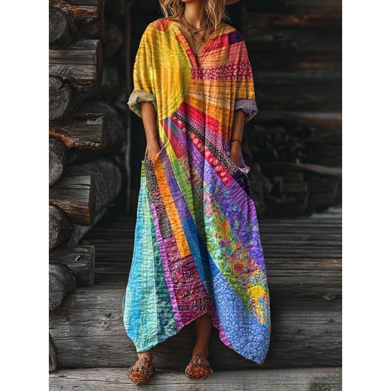 Women's Floral Ripple Print V-Neck A-Line Midi Dress Long Sleeve