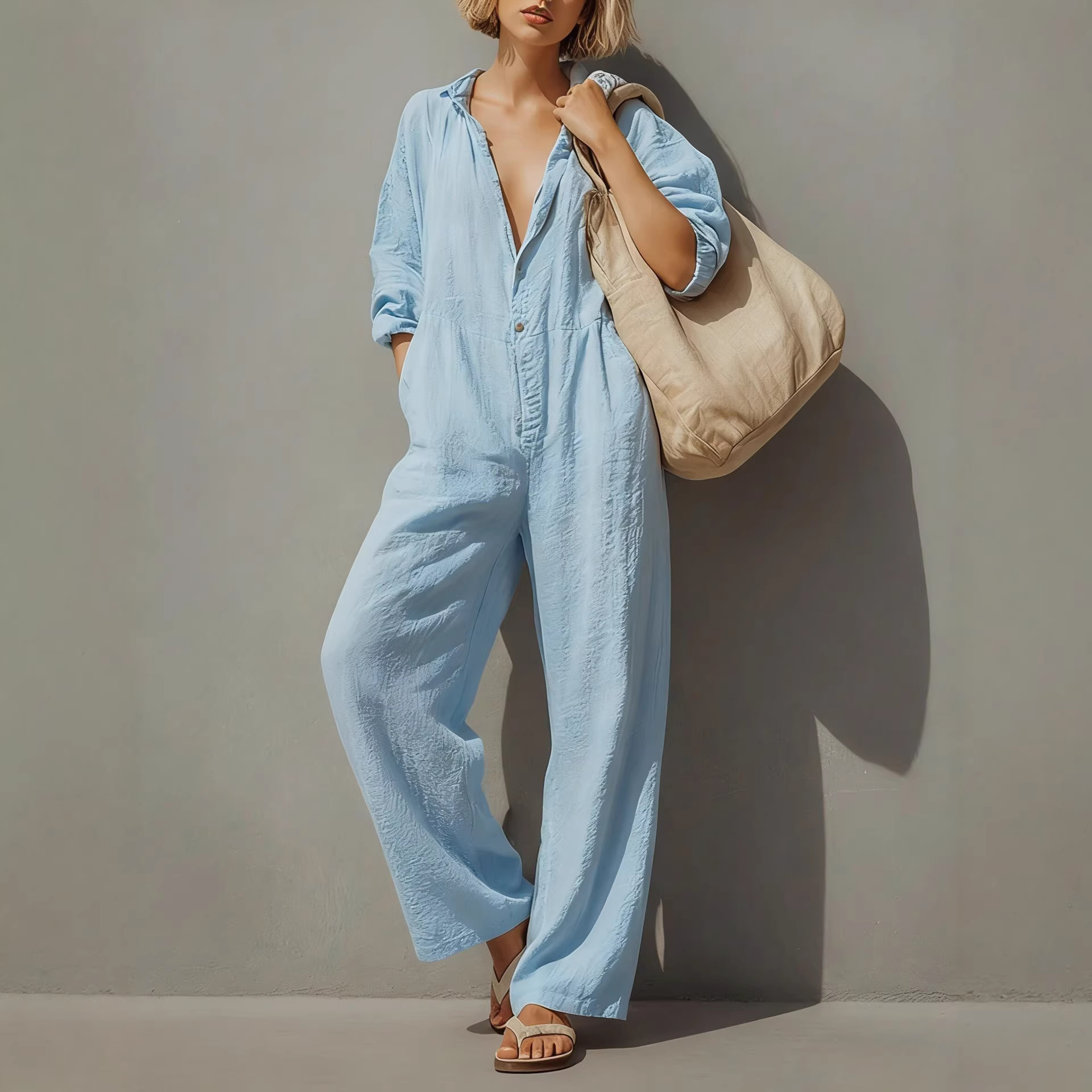 Women's V-Neck Button Long Sleeve Solid Color Jumpsuit with Pockets