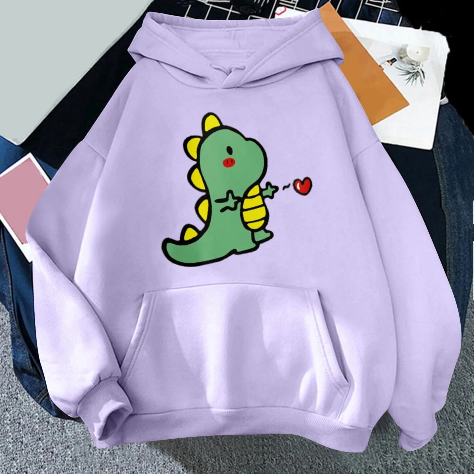 Women's Cartoon Dinosaur Heart Print Hoodie