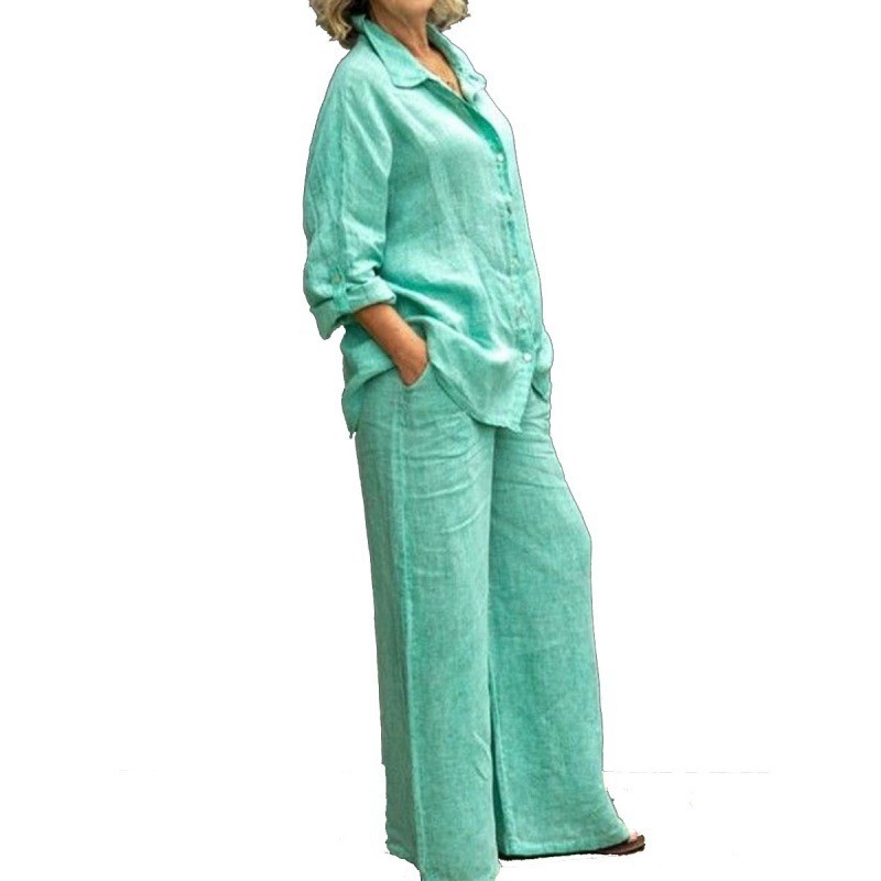 Women's Button-Down Collared Solid Color Shirt Casual Set