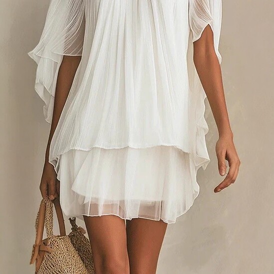White Pleated Chiffon Mini Dress with Ruffles and Batwing Sleeves
