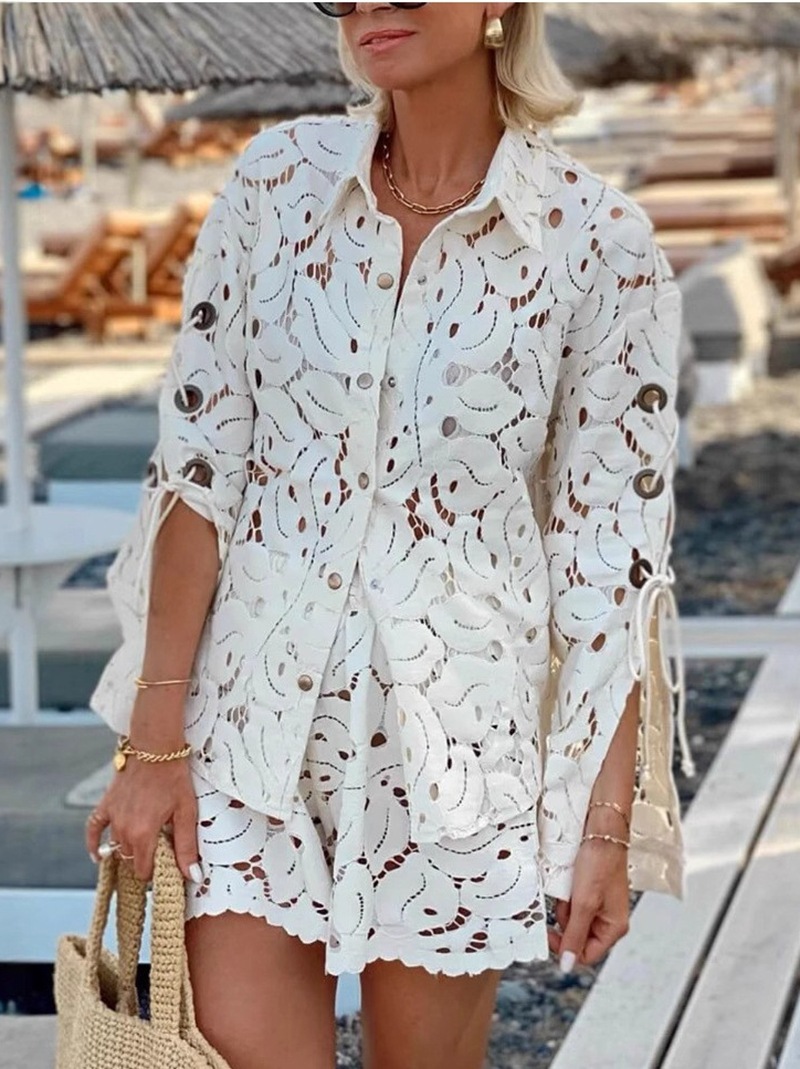 Women's Lace Cutout Collared Long Sleeve Top and Shorts Two-Piece Set