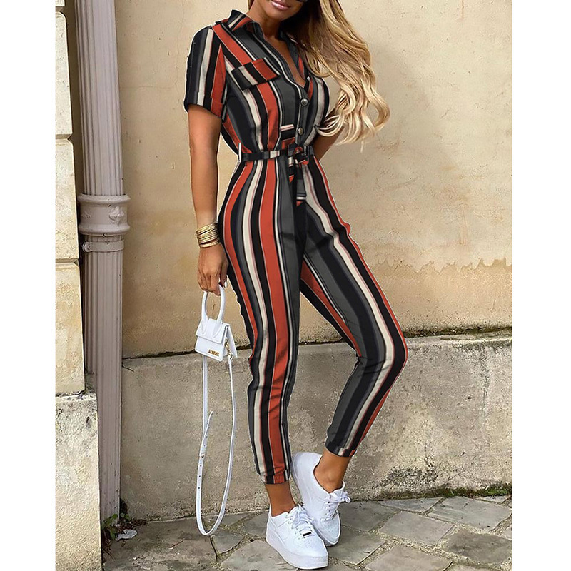 Women's Short Sleeve Button-Front Printed Cargo Jumpsuit