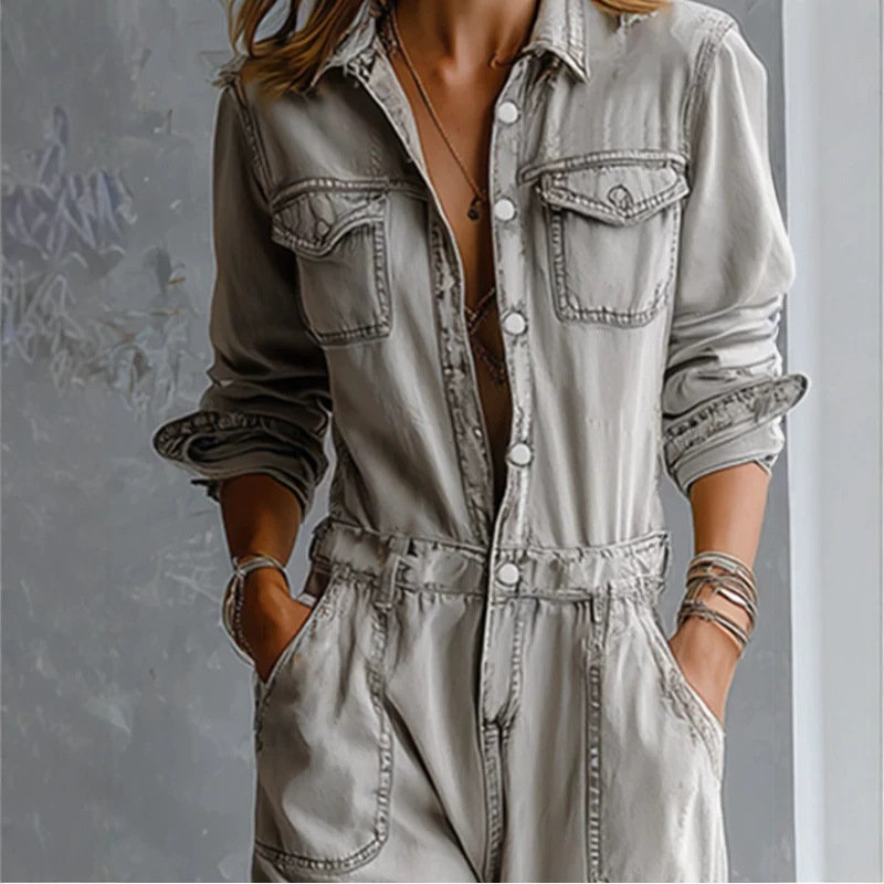 Light Gray Distressed Denim Jumpsuit Casual Long Sleeve