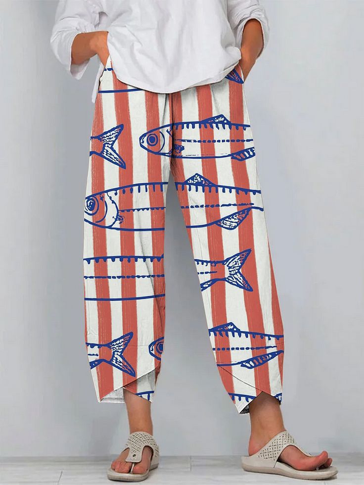 Women's Striped Fish Print Jogger Pants Casual Tapered-Leg