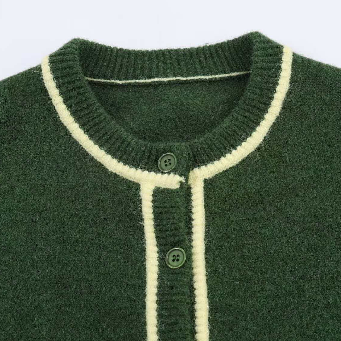 Dark Green Colorblock Trim Knit Cardigan
