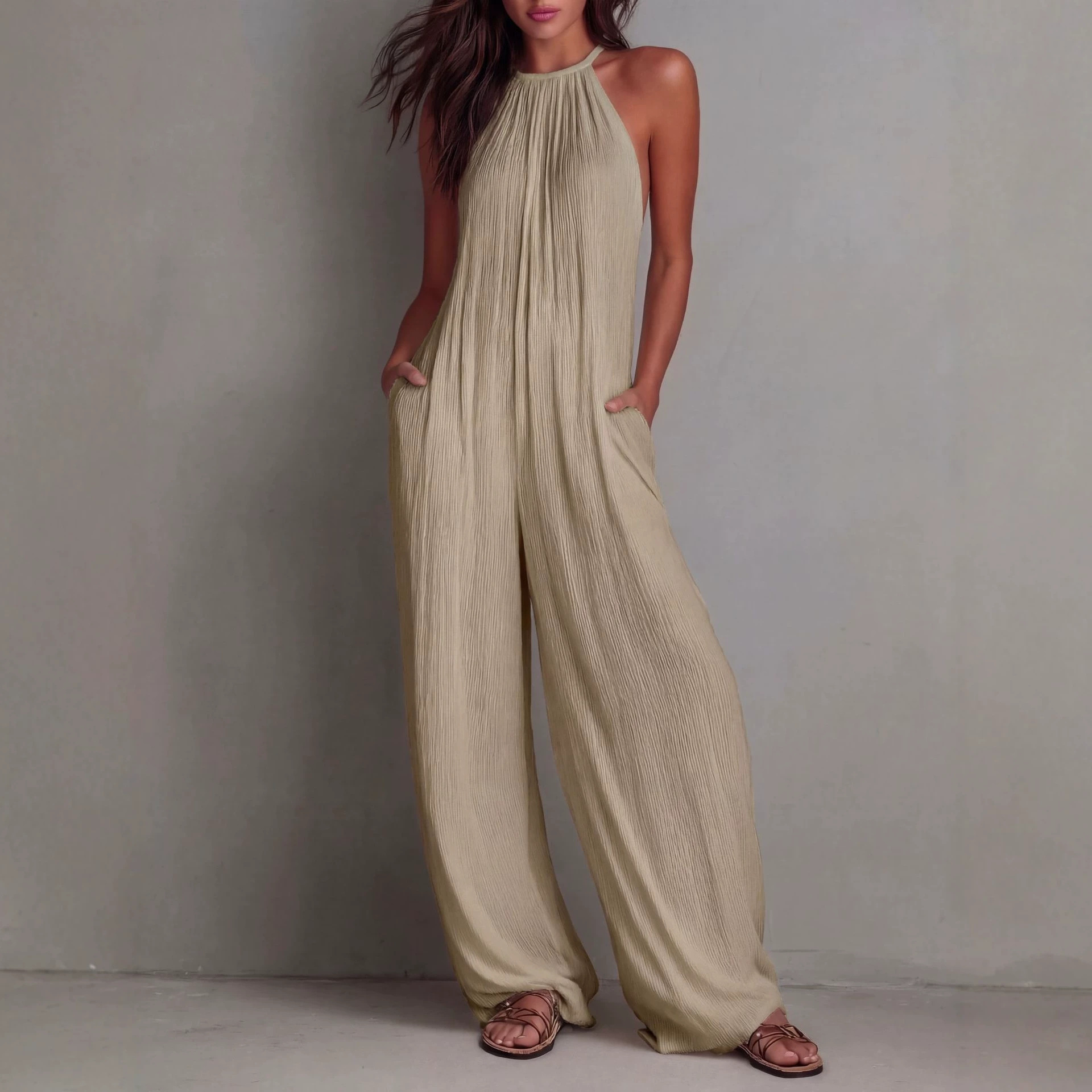 Women's White Pleated Open-Back Wide-Leg Jumpsuit