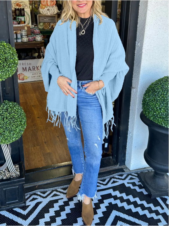 Women's Solid Knit Fringe Shawl Cardigan