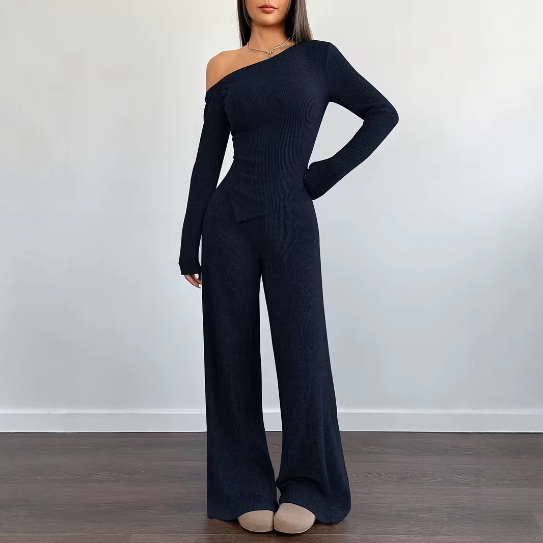 Women's One-Shoulder Knit Two-Piece Set Slim Fit Long Sleeve Top & Wide Leg Pants