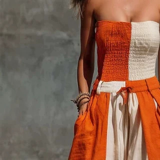 Strapless Orange and Cream Colorblock Cotton Linen Jumpsuit