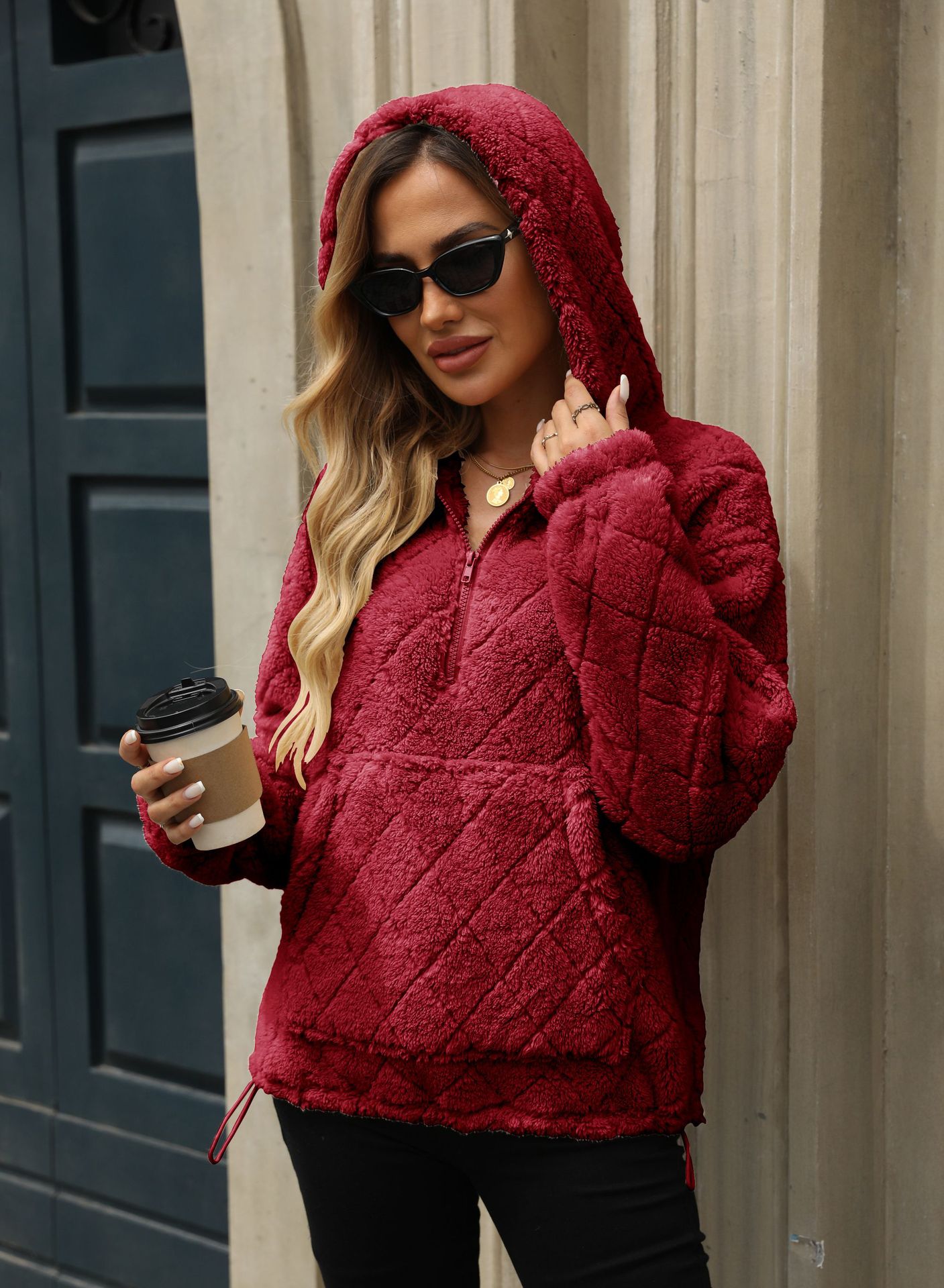 Shanrong Women's Loose Half-Zip Hooded Fleece Pullover Sweatshirt