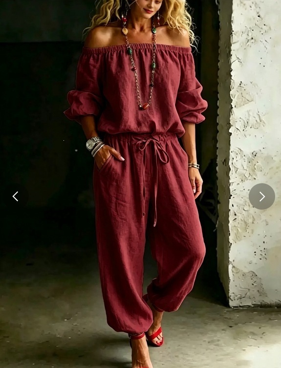 Textured Cotton-Linen Off-Shoulder Set with Puff Sleeves and Pocket Jogger Pants