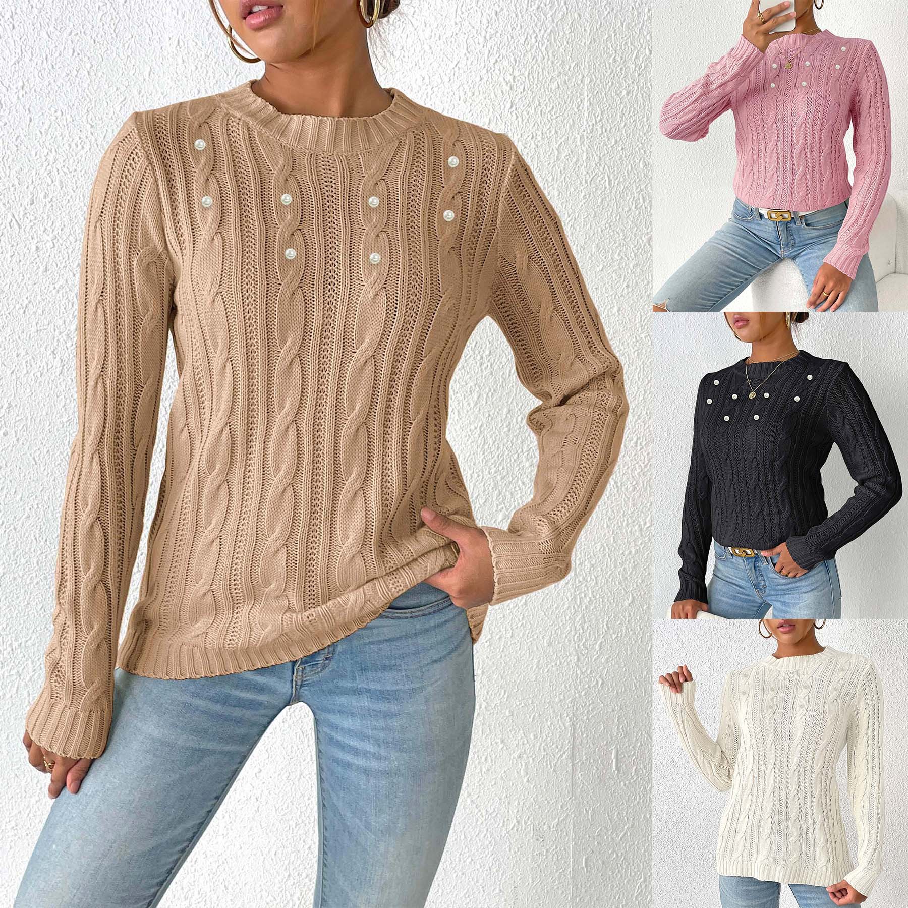 Women's Pearl Beaded Crewneck Knit Pullover Sweater