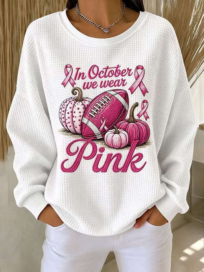 Ribbon Letter Print Crewneck Long Sleeve Waffle Sweatshirt for Women