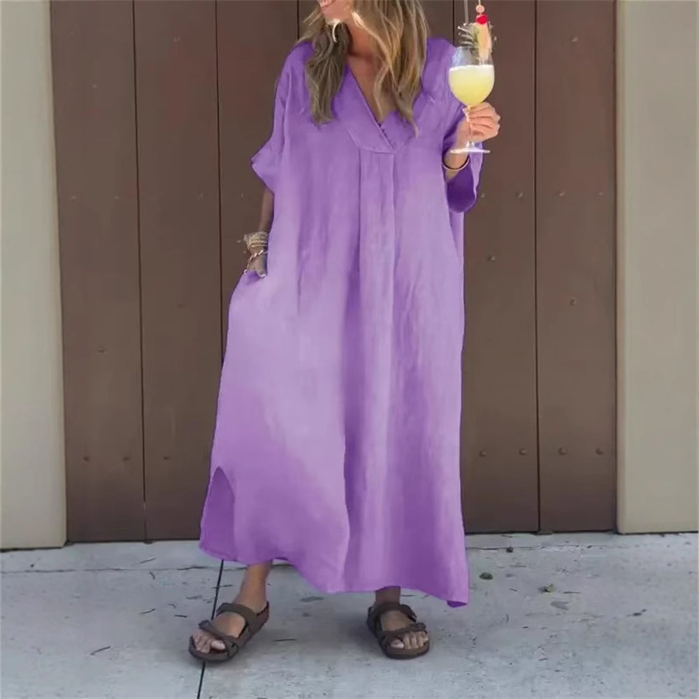 Women's Casual V-Neck Short Sleeve Solid Color Long Dress
